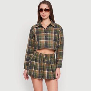 Plaid Flannel Cropped Top and Mini Bubble Skirt Set
